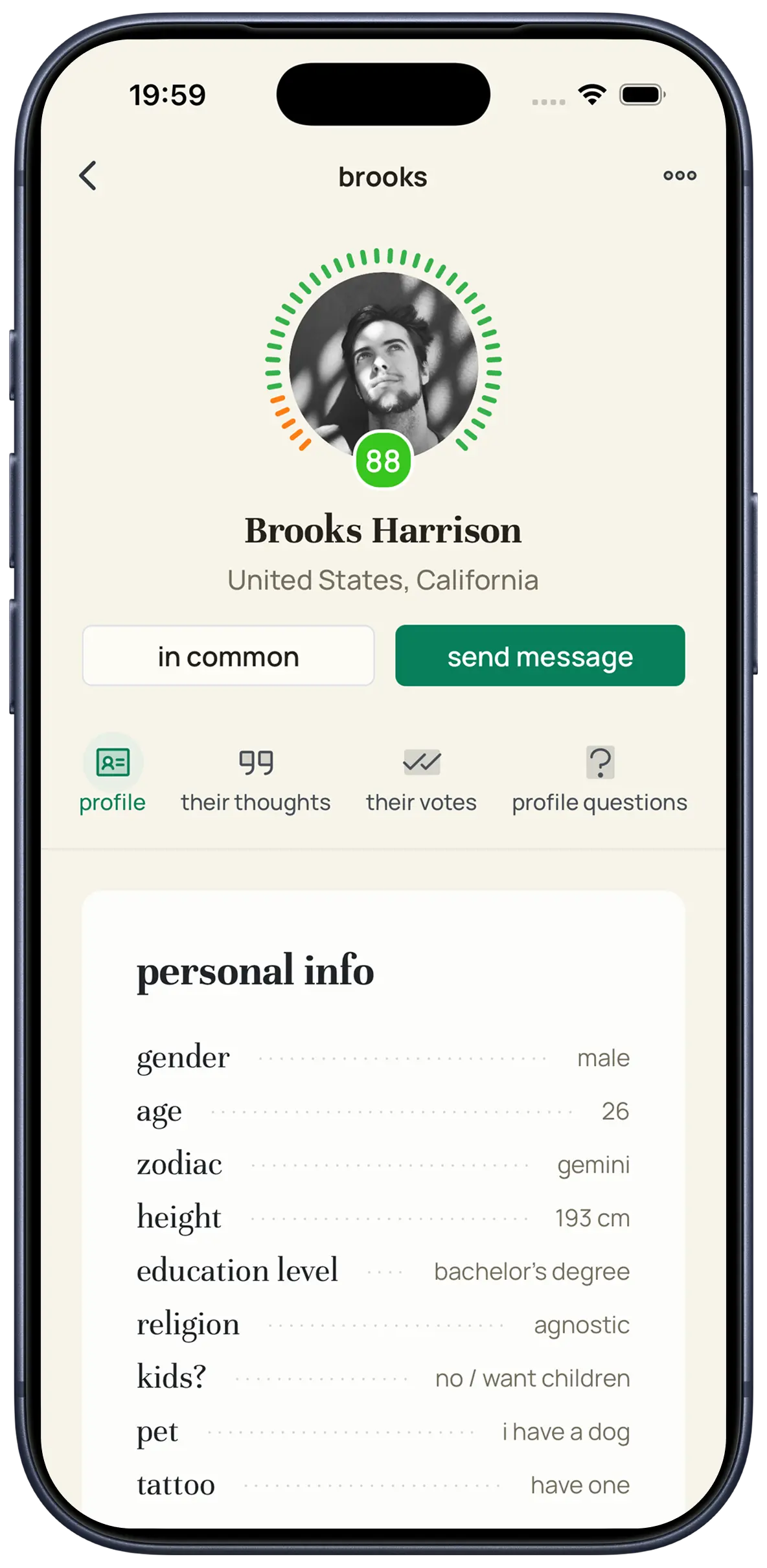 a profile with its mind-match score and shared thoughts